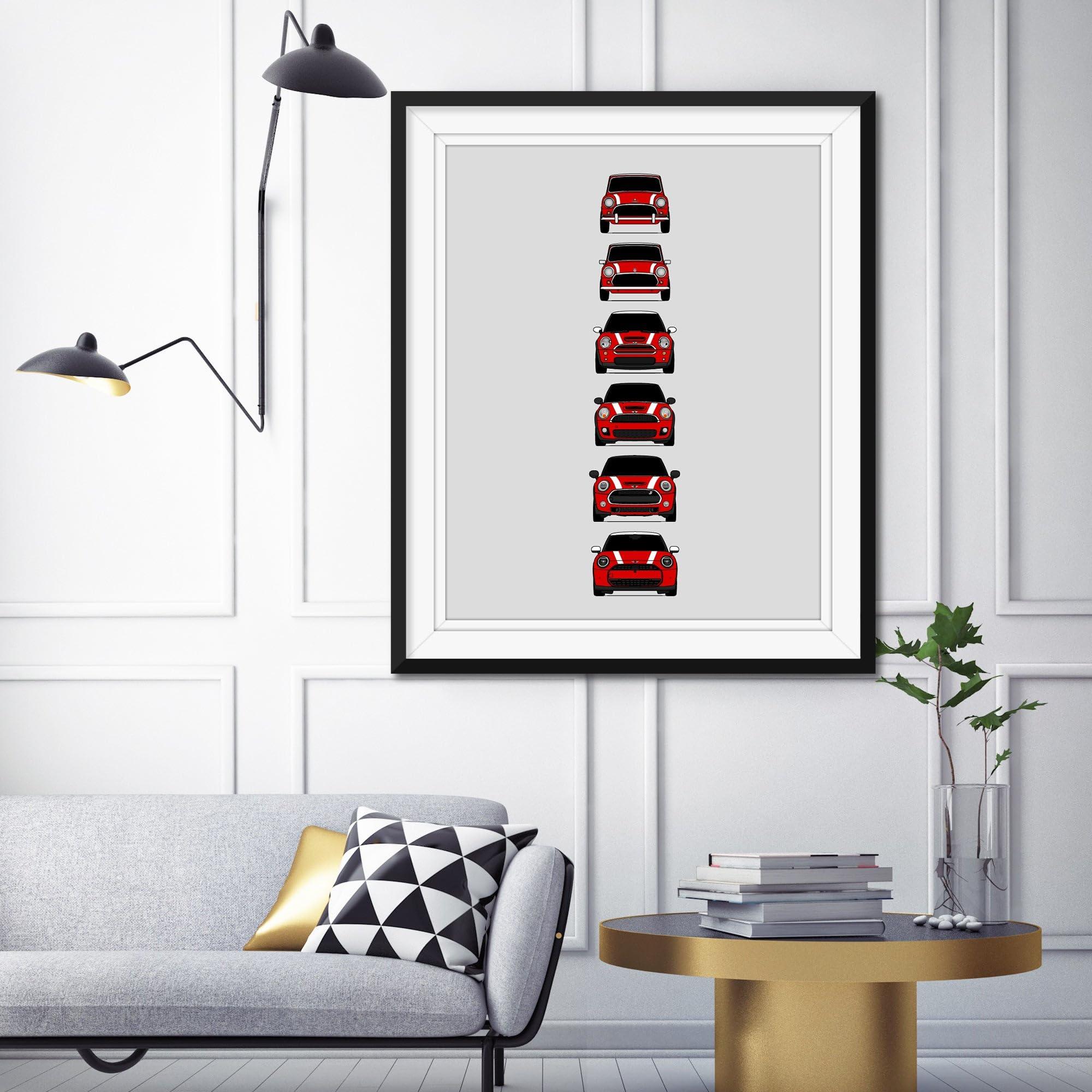 Custom Car Posters Custom Car Posters History of Mini Cooper Generations and Handmade Print of Mini - Red with White Stripes, 24x36\" Satin Print (Unframed)- Gift Car Enthusiast