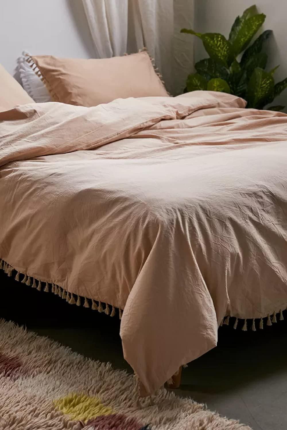 Generic Sand Color Washed Cotton Fringes Tassels Duvet Cover Boho Bedding 100% Cotton Quilt Doona Cover Set