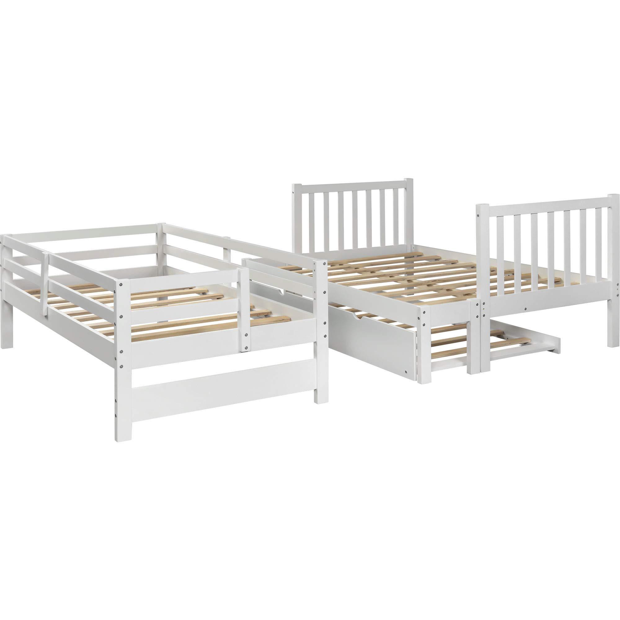KLMM Twin Over Twin/Full Bunk Bed with Trundle Bed, Can be Split into Two beds, Kids Teens Solid Wood Bunk Bed Frame with Stairs Guardrail Locker Bedroom Furniture (White-Twin/Full)