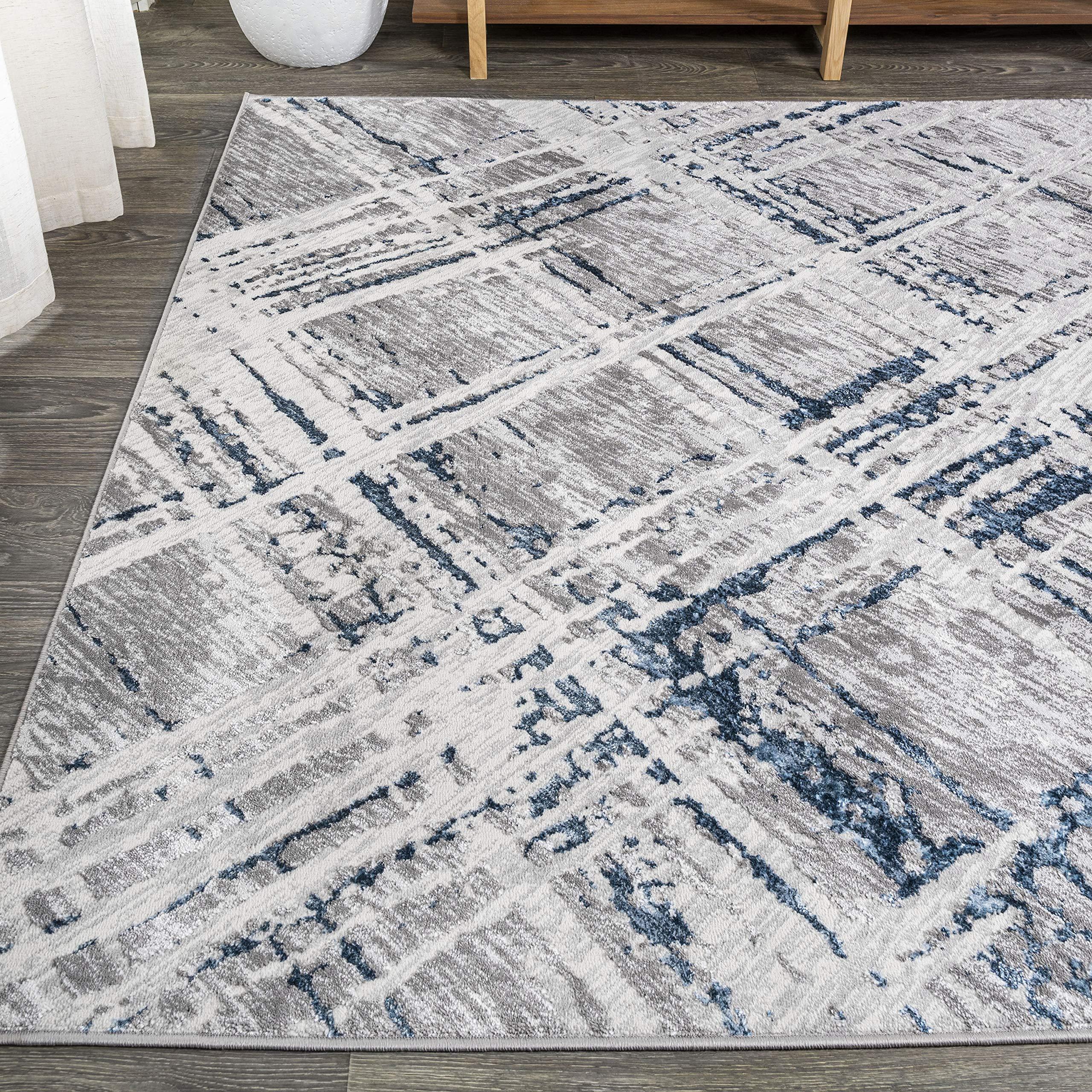 Eyely Eyely ROS201B-3 Silk Orchid Slant Modern Abstract Indoor Area Rug Transitional;Contemporary;Solid & Striped, Bedroom, Kitchen, Living Room, Easy-Cleaning, Non-Shedding, 3 X 5, Gray/Blue