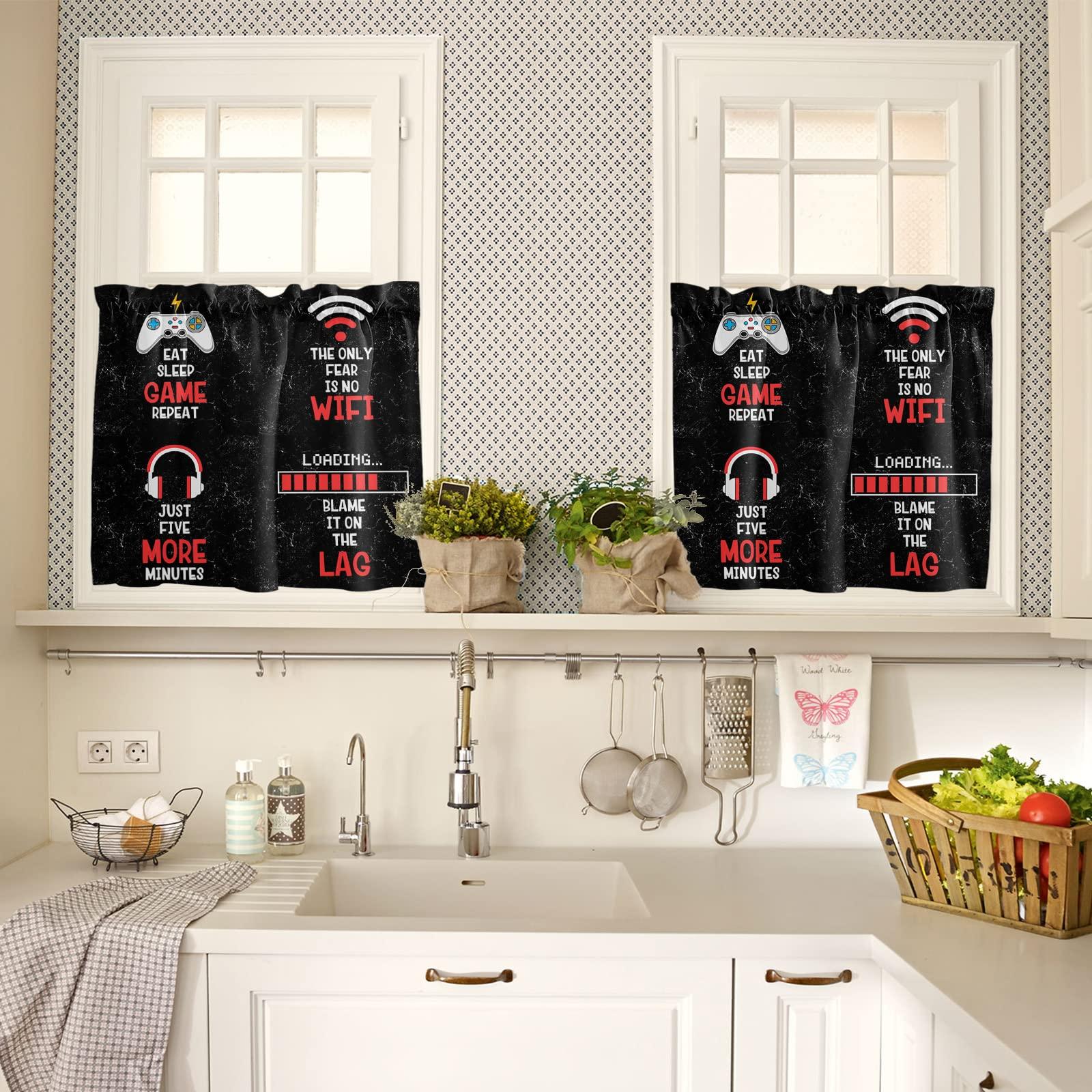 Jolunifun Kitchen Curtain 24 Inch Length,Video Game Art Funny Quotes Small Short Cafe Tiers Curtains Drape,2 Panels Pocket Curtains Window Treatment Games Gamer Gamepad Earphone Waiting to Load Black 55x24