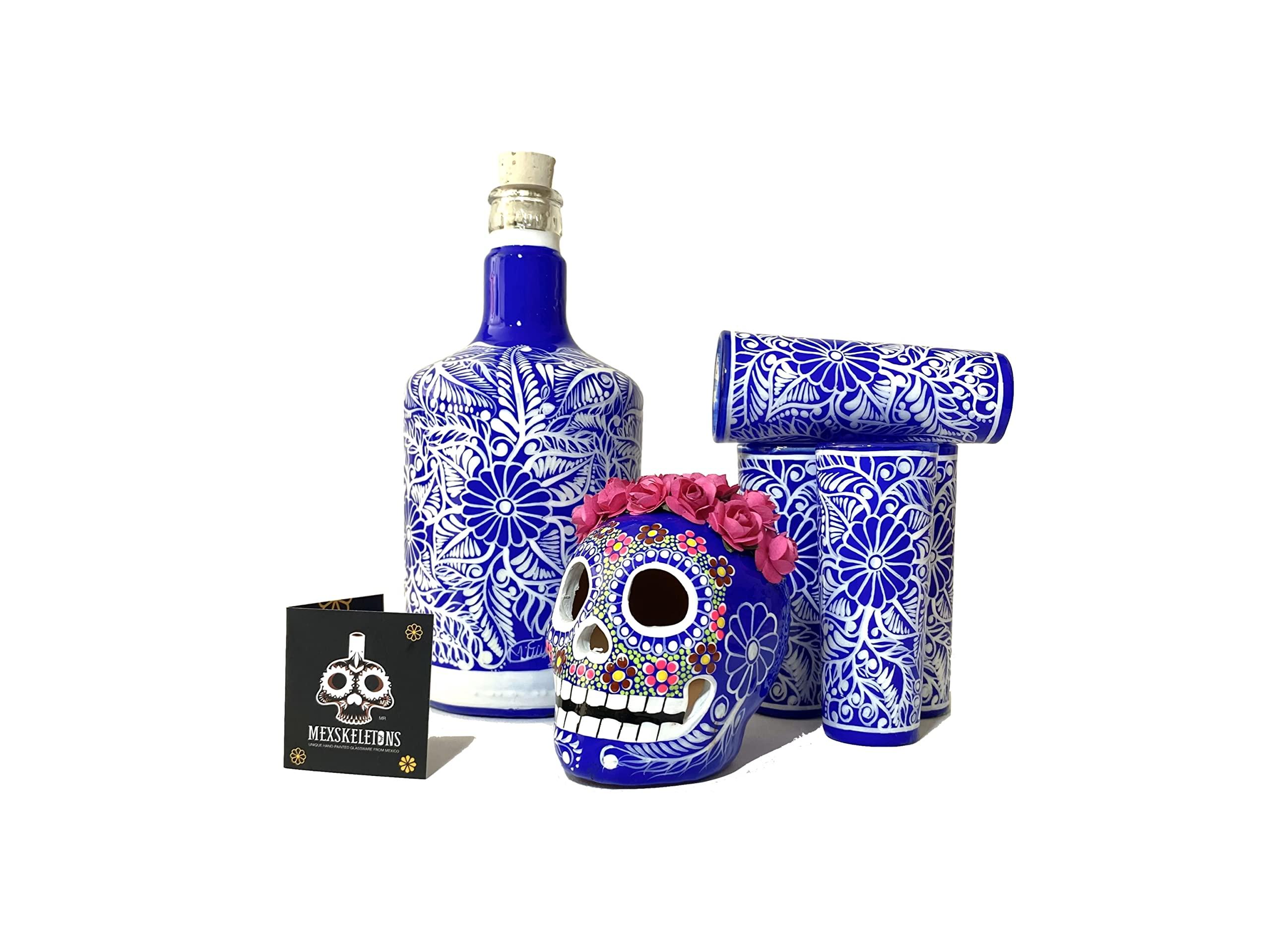 Mexskeletons Personalized Tequila Decanter Set, Liquor Decanter with Shot Glasses and Mexican Sombrero, Hand-painted Decanter, Skull Decanter, Bar Decoration, Unique Tequila Gift (Blue Catrina Set)