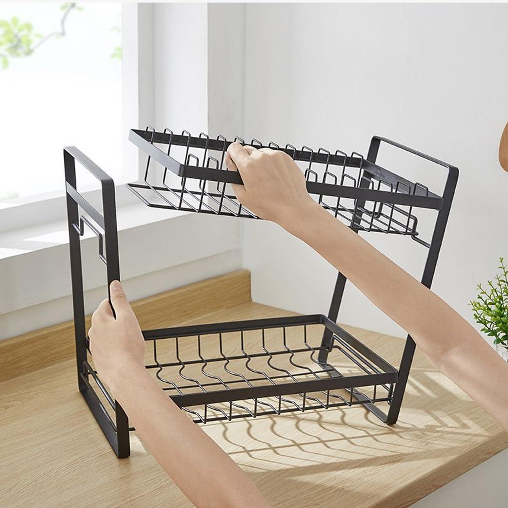 IFGSIWRIJIKWJJEA Kitchen Dish Rack Dish Rack, Dish Drying Rack with Drainboard Set 2-Tier Dish Drainer Black Rust-Proof Dish Rack for Kitchen Counter Kitchen Organizer (Black) (Black)