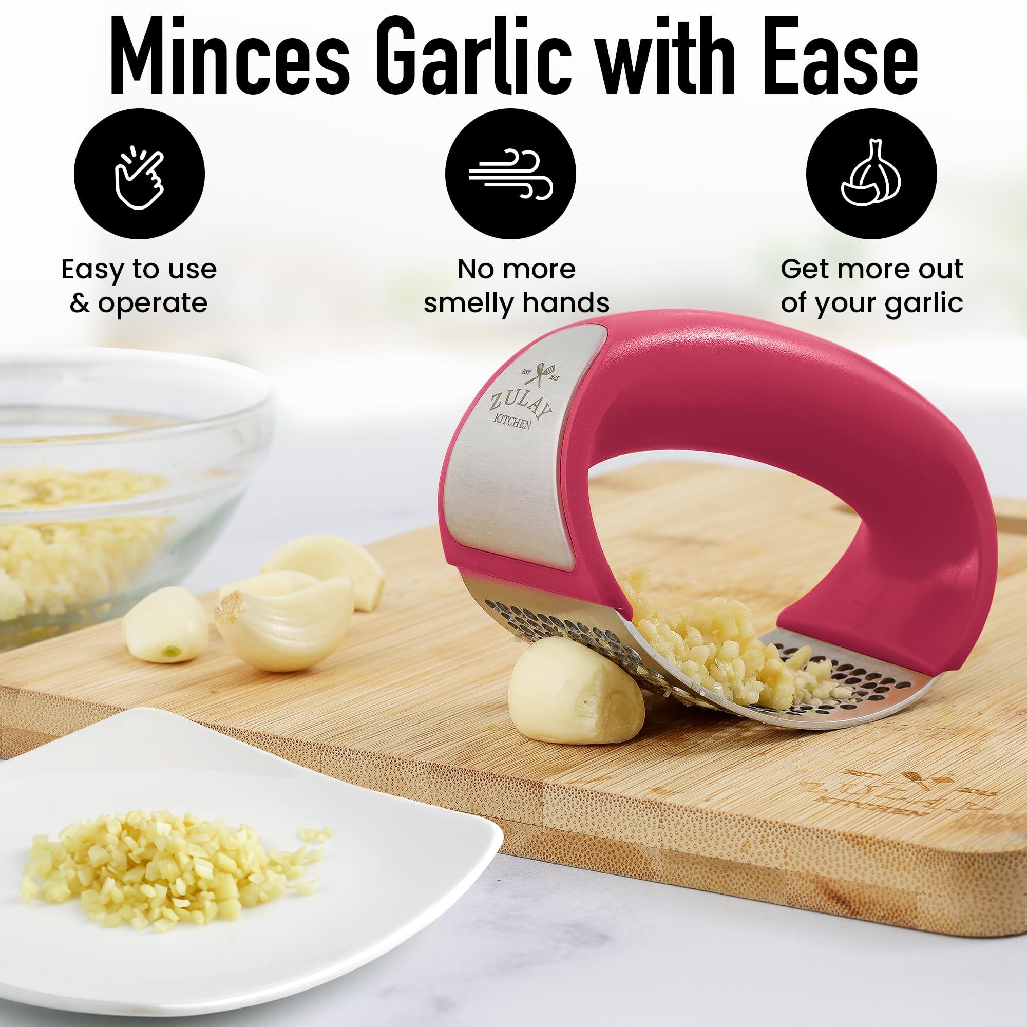 Zulay Kitchen Zulay Stainless Steel Garlic Press Rocker Set - Premium Garlic Mincer Garlic Crusher - New Innovative Garlic Crusher with Peeler and Scraper - Comfortable Grip (Red)