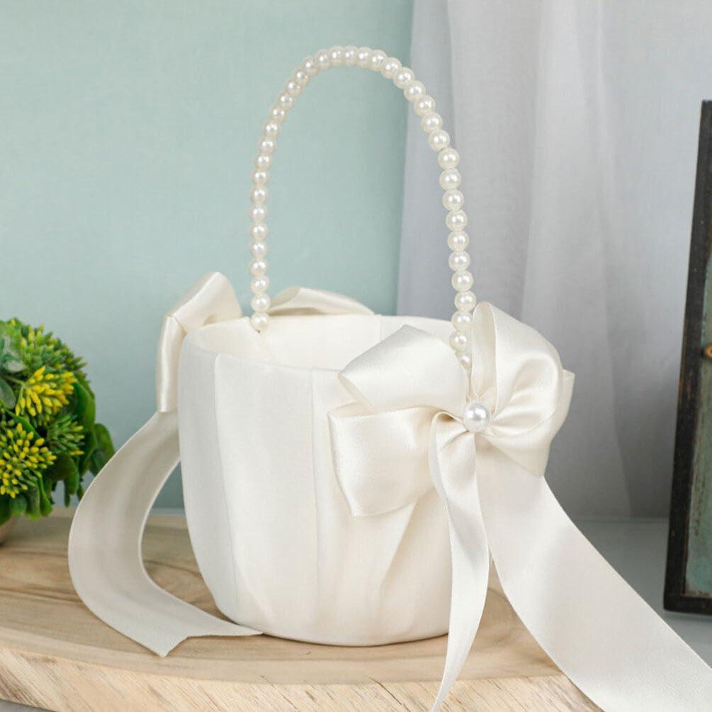 HOLIDYOYO HOLIDYOYO Wedding Flower Girl Baskets with Pearl Handle Bowknot Satin Flower Baskets Flower Pedal Basket for Wedding Ceremony Party