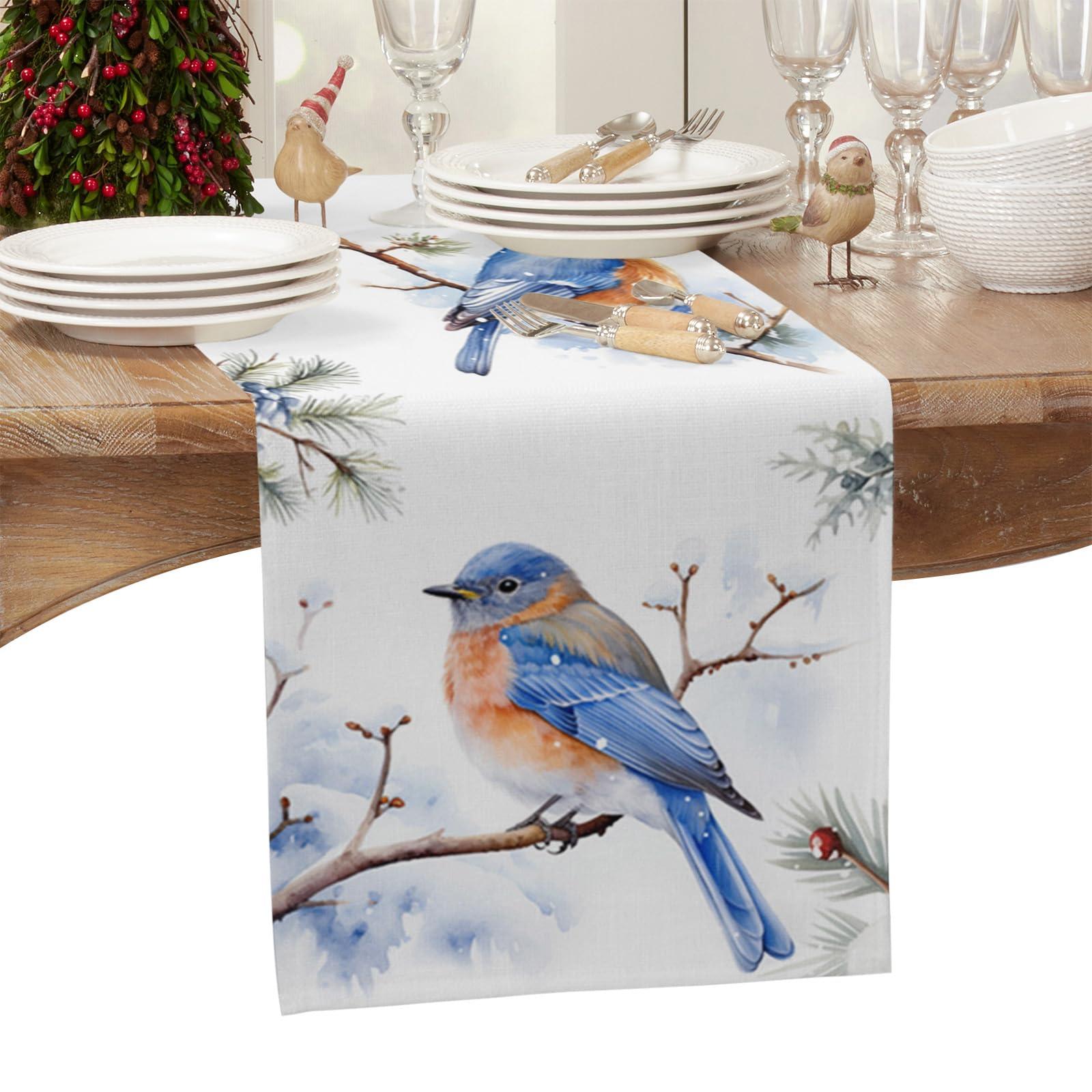 PIEPLE Blue Christmas Bird Table Runner-Cotton Linen-36 Inch Holiday Dresser Scarves, Winter Berry Snowy Pine Cones Tablerunner for Kitchen Coffee/Dining Bedroom Home Living Room Dinner Scarf Dcor 13x36
