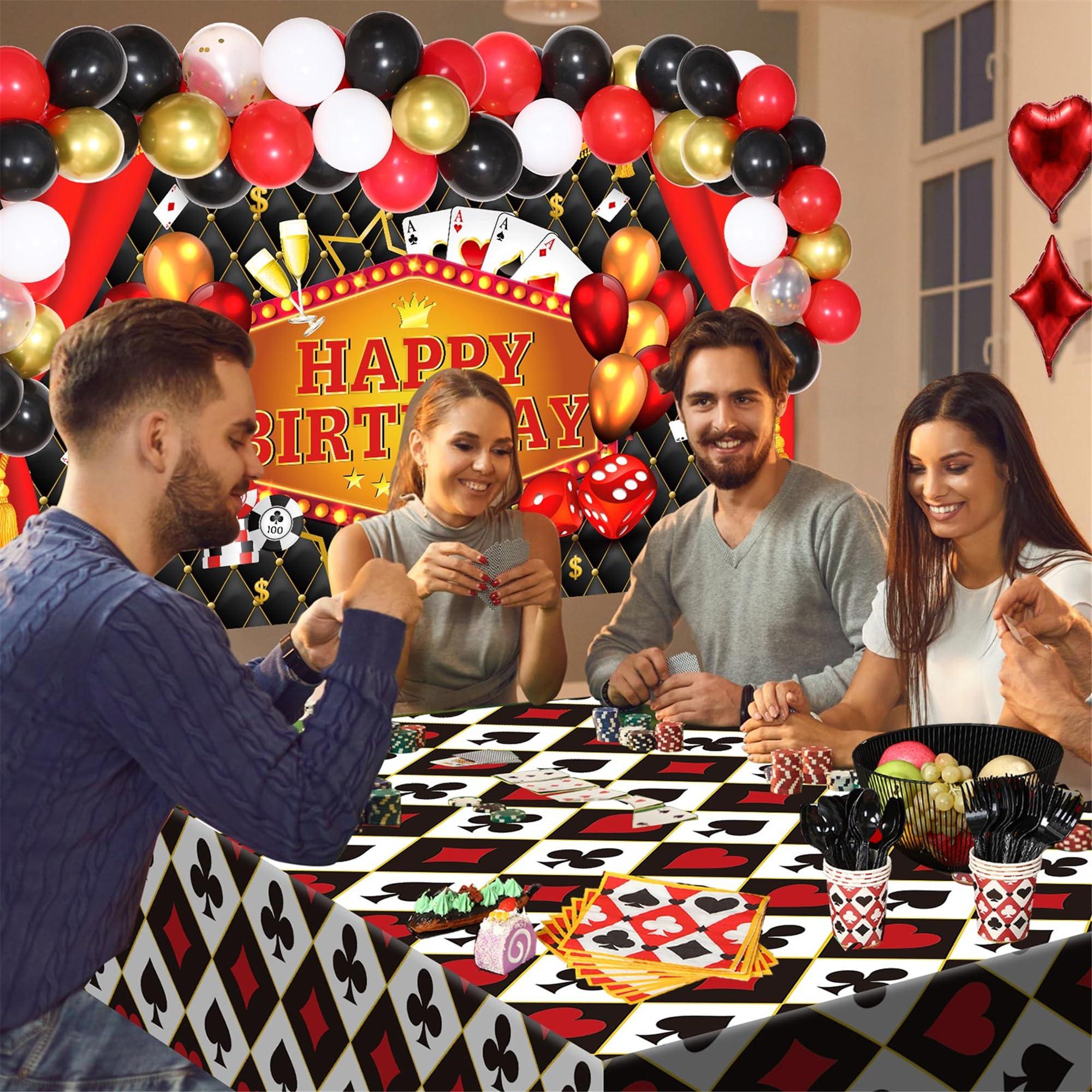 HyDren 239 Pcs Casino Theme Party Decoration Poker Birthday Decoration Las Vegas Party Supplies Include Casino Backdrop, Balloon Garland Kit, Tablecloth Napkin Tableware Set for Las Vegas Night Poker