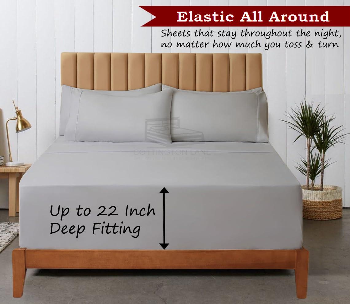 Cottington Lane Extra Deep Pocket California King Size Sheets - 22 Inch Extra Deep Pocket Fitted Sheet - 400 Thread Count 100% Egyptian Cotton - 22 Inch Extra Deep Sheets Calking - 4 PC Bed Sheets(Silver Grey Solid)