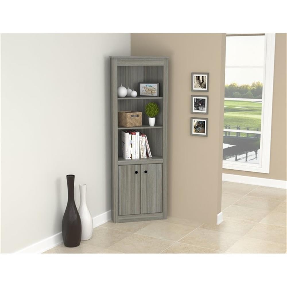 Inval Inval Space-Saving Design, Gray Smoke Oak Corner Bookshelf with 3 Open 2 Concealed Shelves, Modern Wood Bookcase