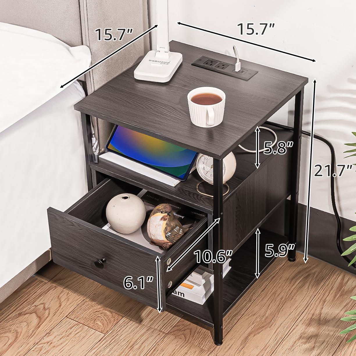 Our Modern Space Our Modern Space Wooden Nightstand with Charging Station USB Port and Single Drawer | Bedside Table End Cabinet for Living Room Bedroom Dorm - Rustic Brown