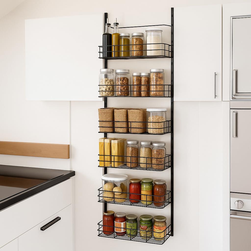 USTECH USTECH 6-Tier Heavy Duty Over The Door Pantry Organizer, Metal Hanging Storage Rack with Wired Tubing, Adjustable Shelves for Kitchen, Bathroom, Closet, Space-Saving Design, Black