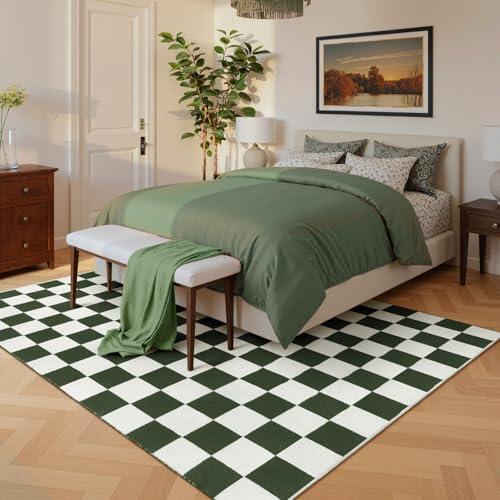 Lahome Lahome 6x9 Green Checkered Rug for Bedroom Boy Room, Modern Large Cotton Woven Checkerboard Green and White Rug, Retro Washable Art Decor Carpet for Living Room Home Decor