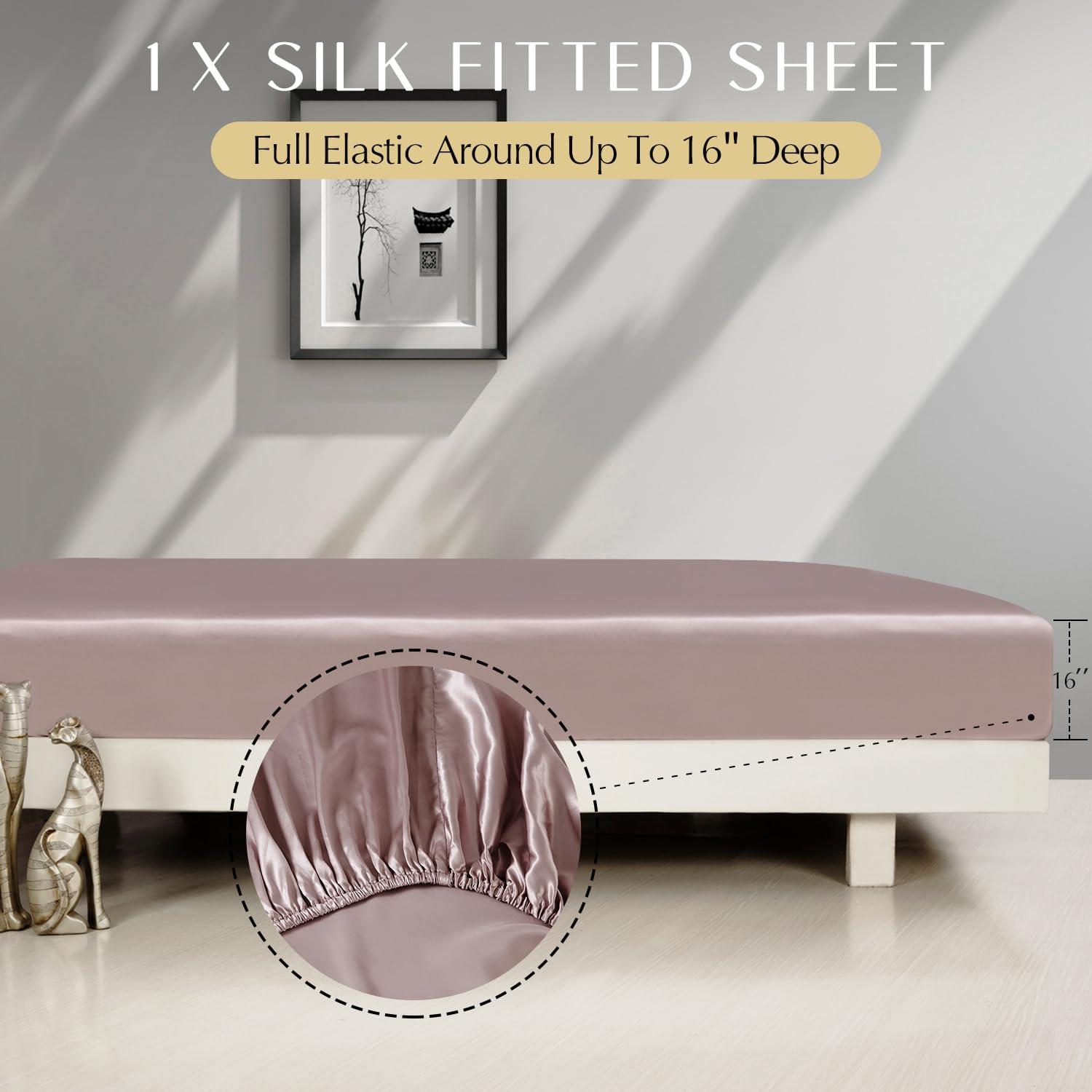 ZIMASILK ZIMASILK 4 Pcs 100% Mulberry Silk Bed Sheet Set,All Side 19 Momme Silk (King, Pink)