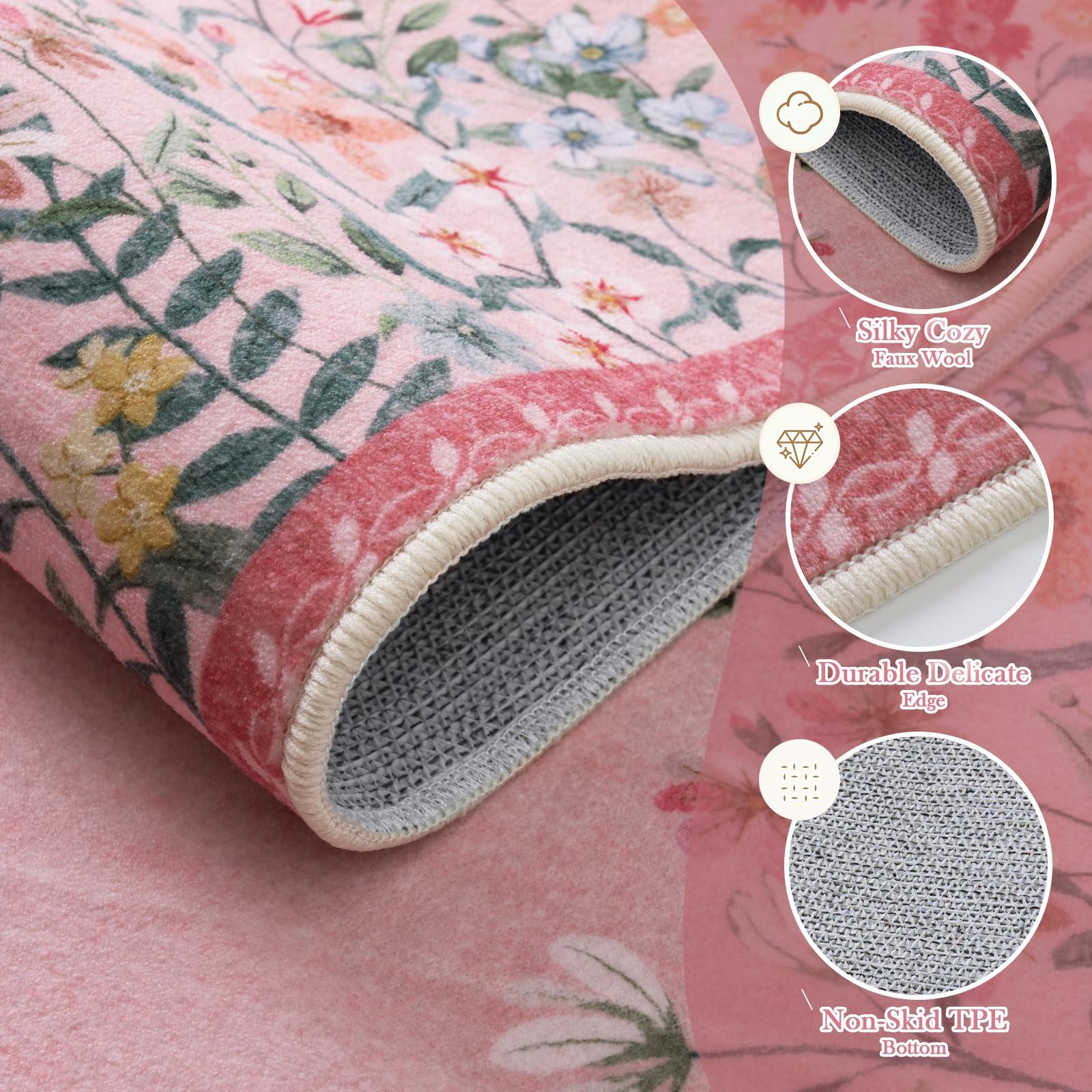 Wonnitar Wonnitar Washable Rug, 5x7 Pink Rugs for Living Room, Floral Print Non-Slip Pink Area Rugs for Bedroom Girls, Soft Large Throw Carpet for Kids Nursery Room (Pink,5'x7')