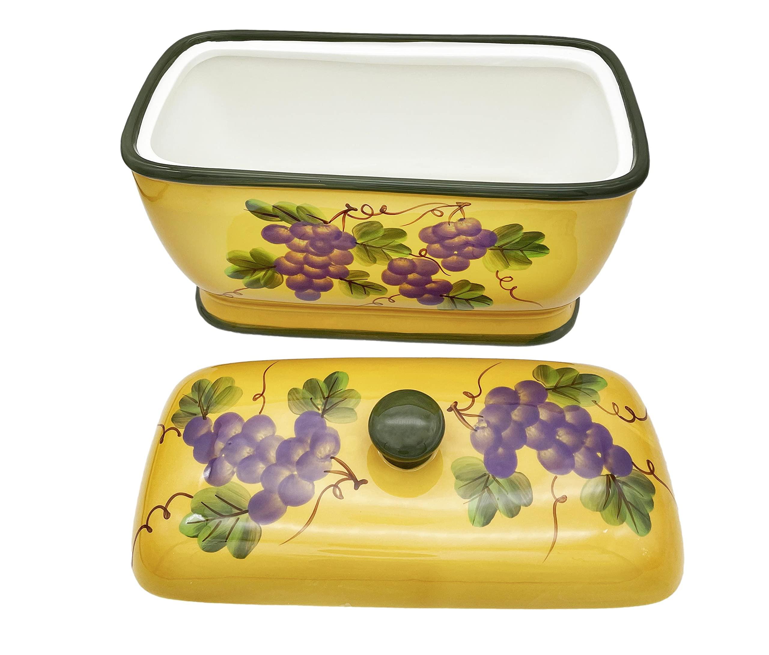 ACK ACK Decor Grape Desing Tuscany Wine Hand Painted Ceramic Collection Bread Box with Rubber Seal, Bread Storage Container, Kitchen Decor Organizer