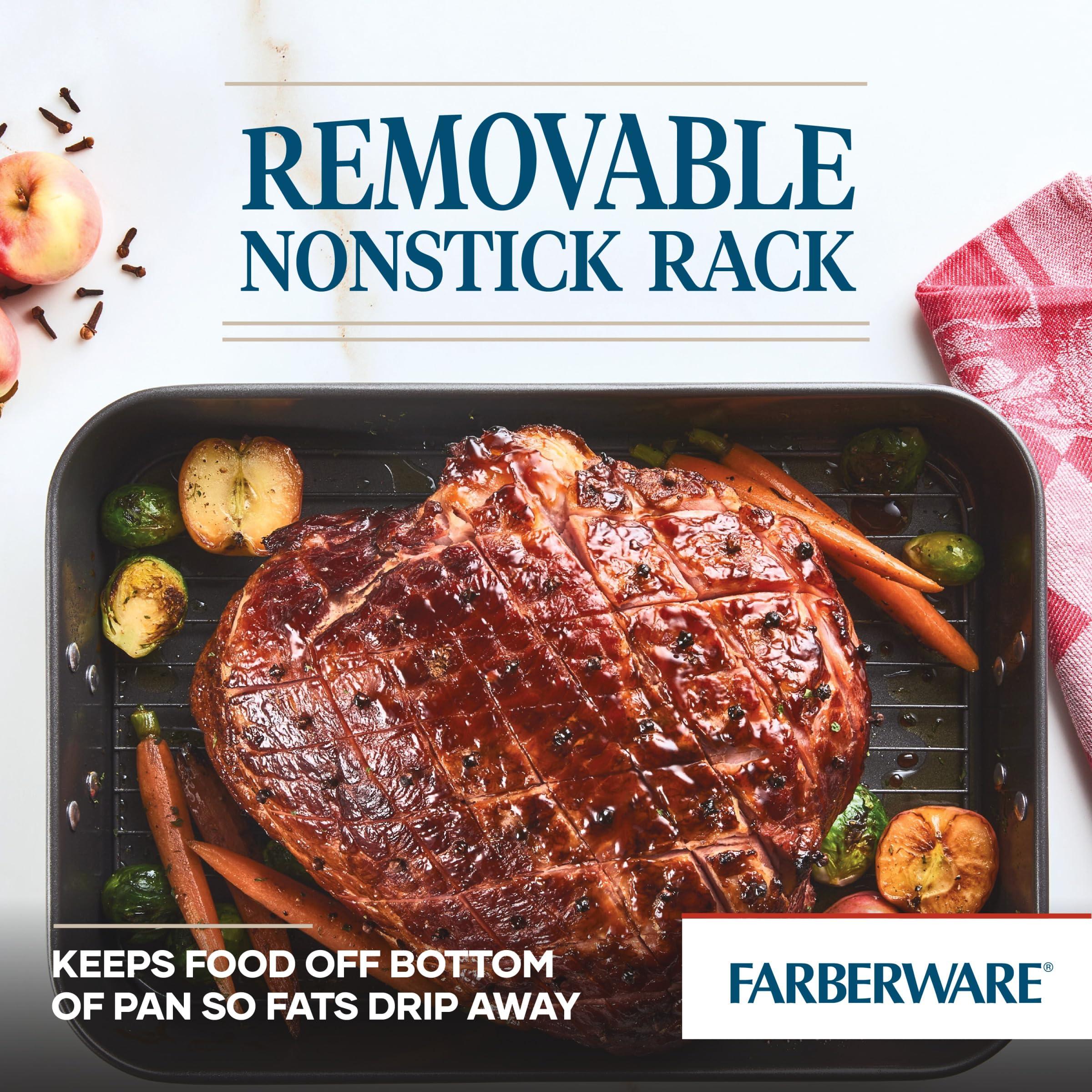 Farberware Farberware Bakeware Nonstick Steel Roaster with Flat Rack, 11-Inch x 15-Inch, Gray