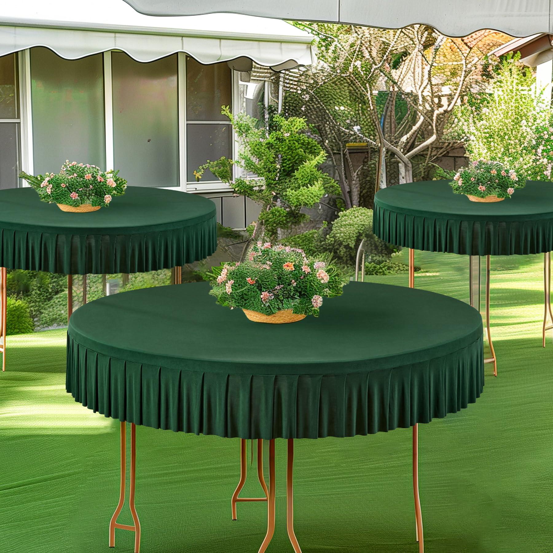 Party Talk 8 Pack Green Spandex Round Tablecloths for 60 inch Table, Stretchy Fitted 5FT Round Table Cloths Wrinkle Free Round Table Covers with Table Skirt for Christmas Wedding Banquet Birthday Party
