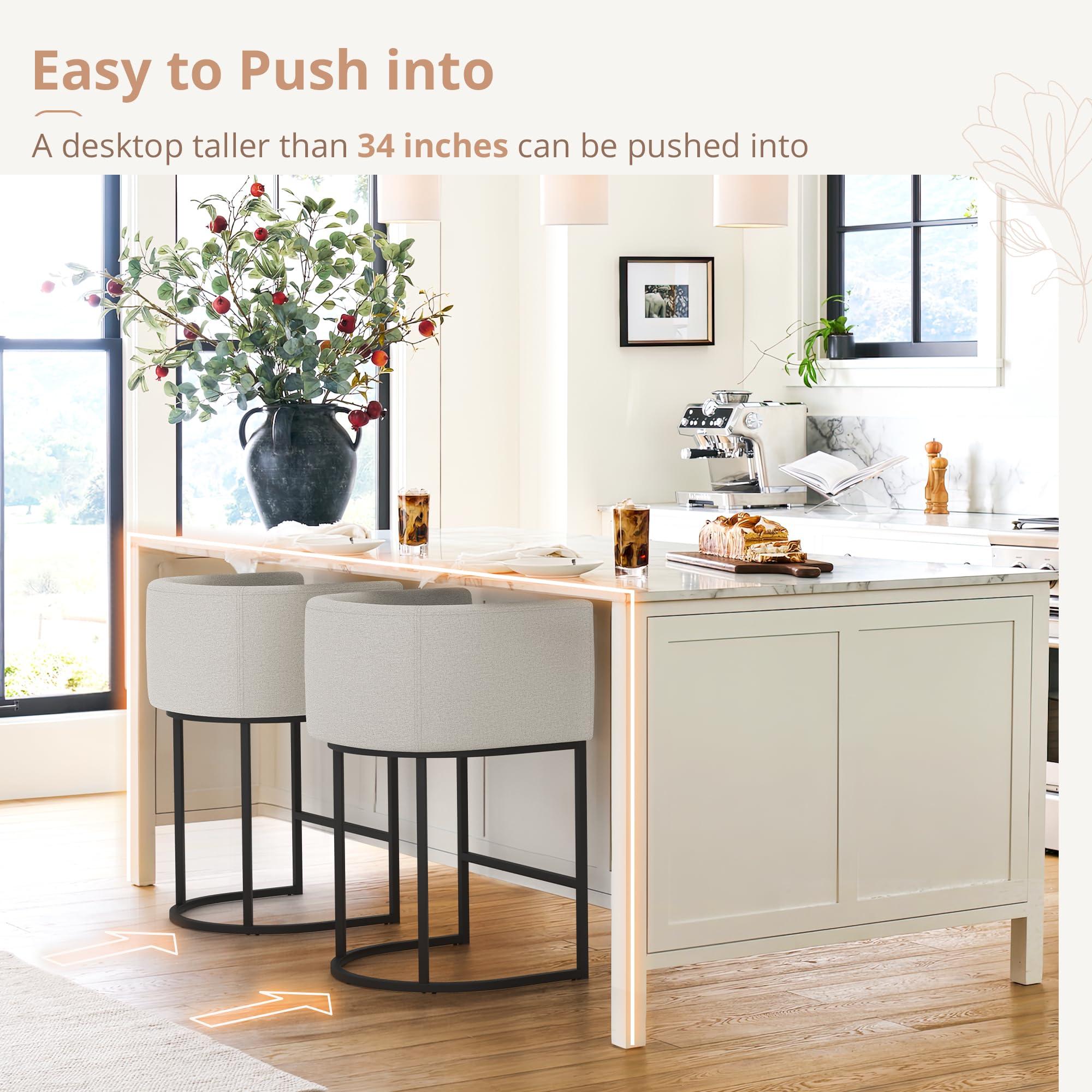 LUE BONA LUE BONA 27\" H Counter Height Bar Stools Set of 3, Modern Barrel Counter Stools with Backrest and Arms, Black Metal Frames, Linen Fabric Upholstered Accent Barstools for Kitchen Island, Light Gray