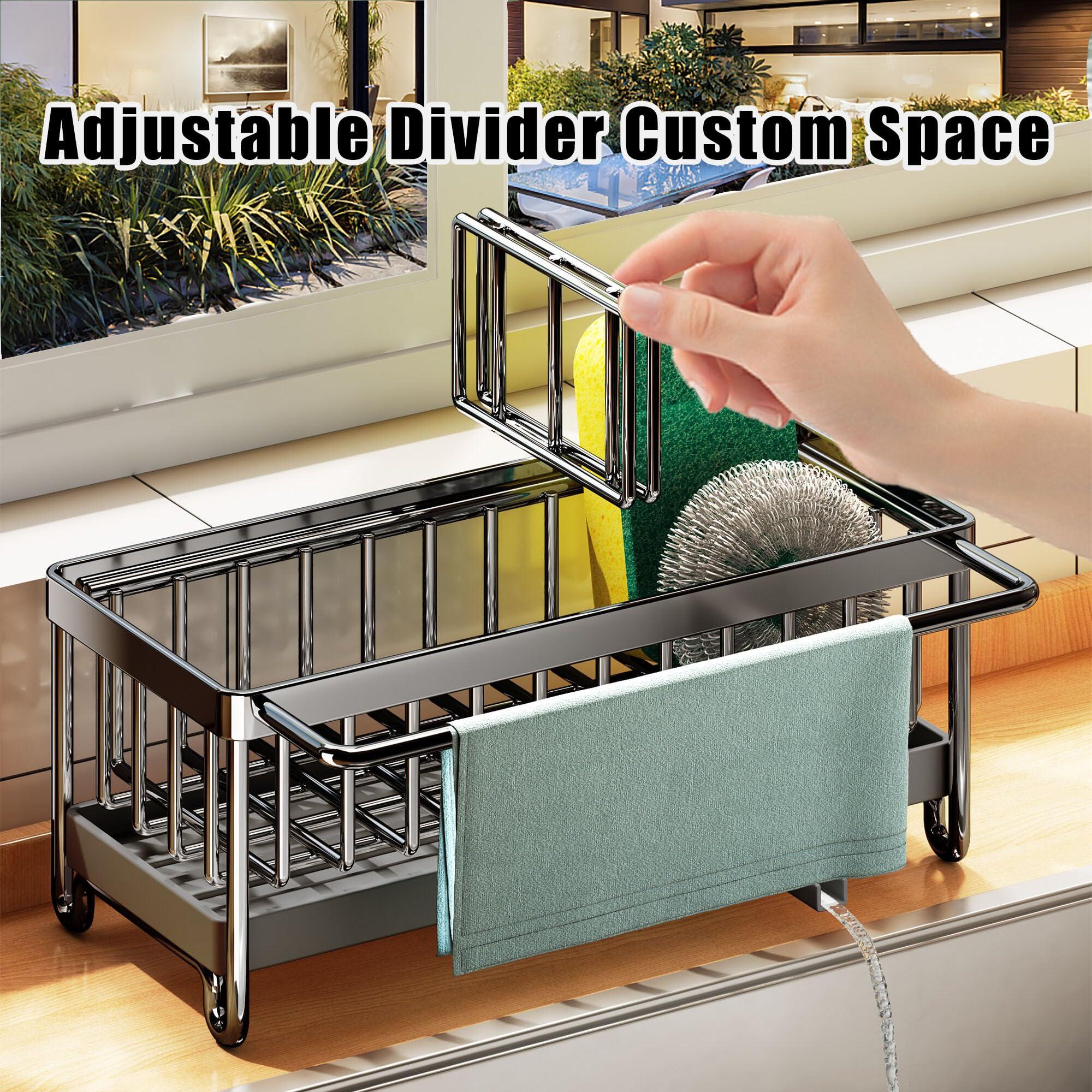 Biridict Sponge Holder for Kitchen Sink, Kitchen Sink Caddy, Dish Sponge Organizer with Divider, Dish Soap Dispenser Brush Holder Storage (Black Large)