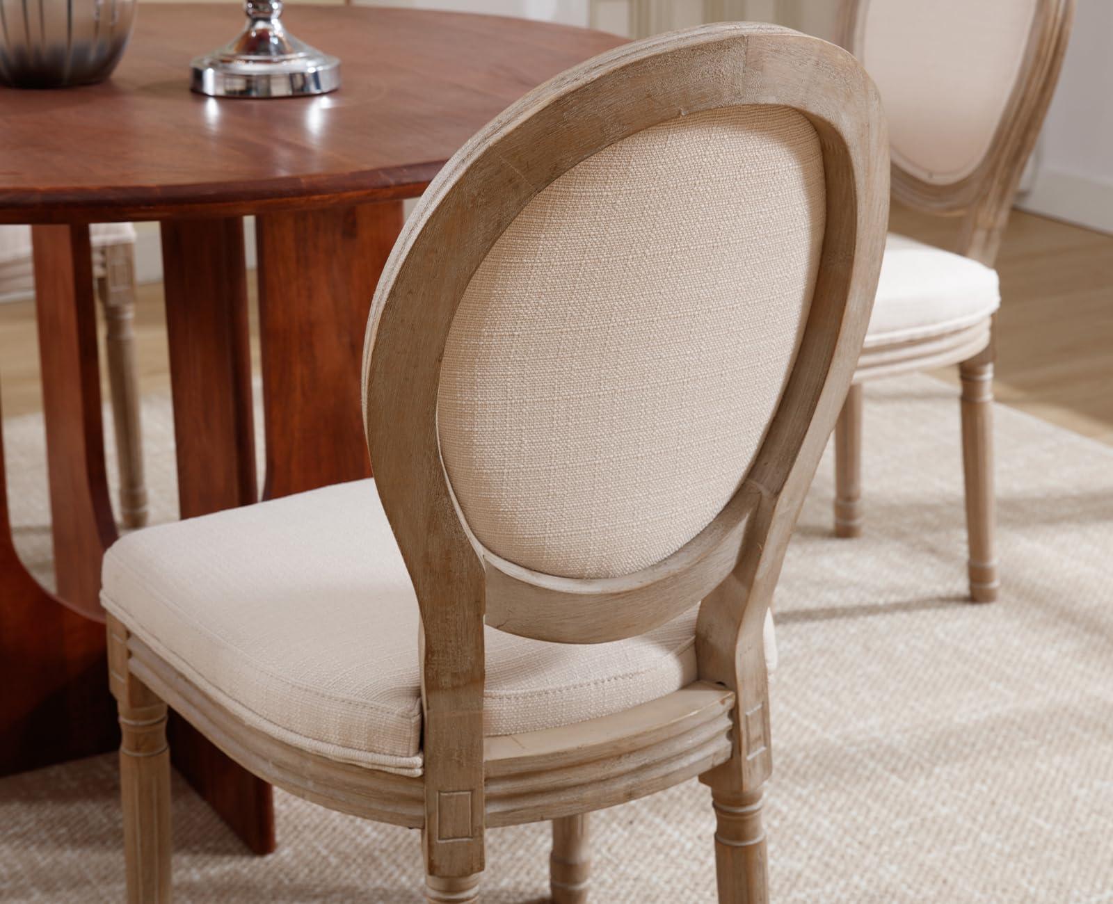 chairus chairus Farmhouse Dining Chairs Set of 4, French Country Dining Room Chairs Vintage Fabric Upholstered Chair with Round Back Dark Wood Legs, Beige 4 PCS