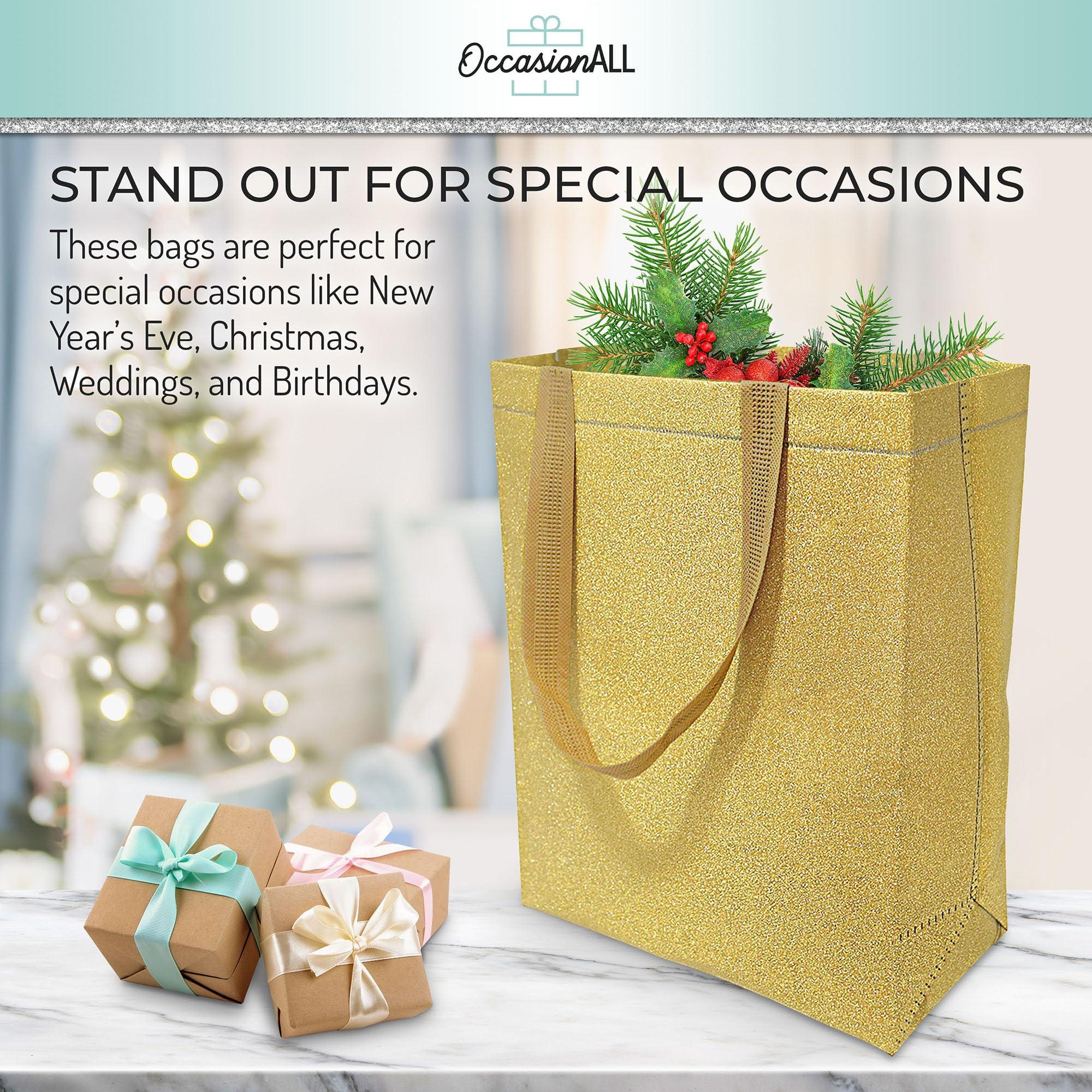 OccasionAll OccasionALL Gold Christmas Gift Bags, Large Reusable Glitter Totes with Handles for Holiday Shopping, Birthdays, Party, Events, Bulk, 10x5x13 12 Pack