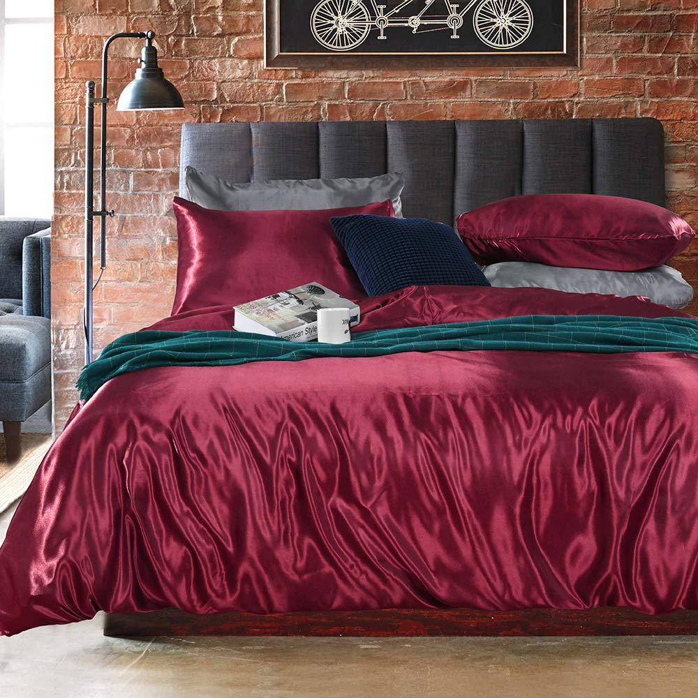 Erosebridal Erosebridal Hotel Quality Burgundy Duvet Cover Set Twin/Single Size Silk Like Satin Bedding Sets Summer Reversible Quilt/Comforter Cover Honeymoon Sexy Luxury Soft Microfiber Bedding Collection