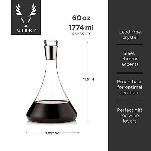 Viski Viski Harrison Wine Decanter and Stopper, Glass Pitcher for Red and White Wine, Wine Carafe, Perfect for wine Lovers, Chrome Rimmed, Set of 1, 60oz