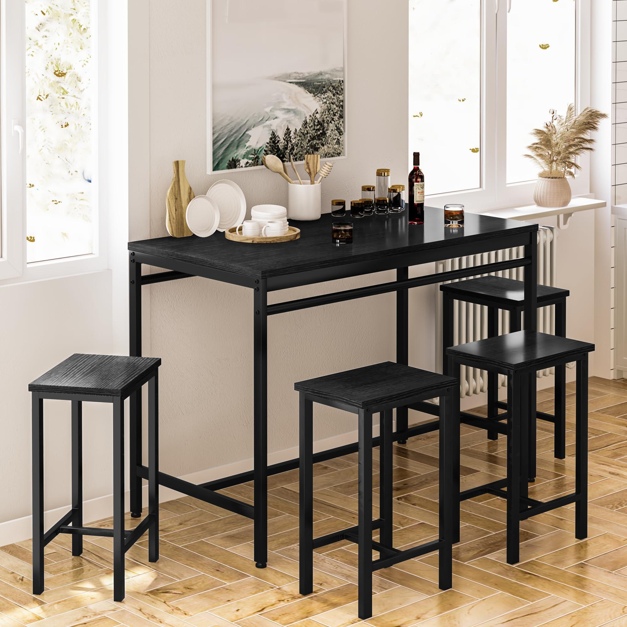 Lamerge Lamerge Dining Bar Table Set for 4, Modern Counter Height Table and 4 Bar Stools, 5 Piece Bar Table and Chairs Set for Small Spaces, Apartment, Pub, Dining Room, Kitchen (Black)