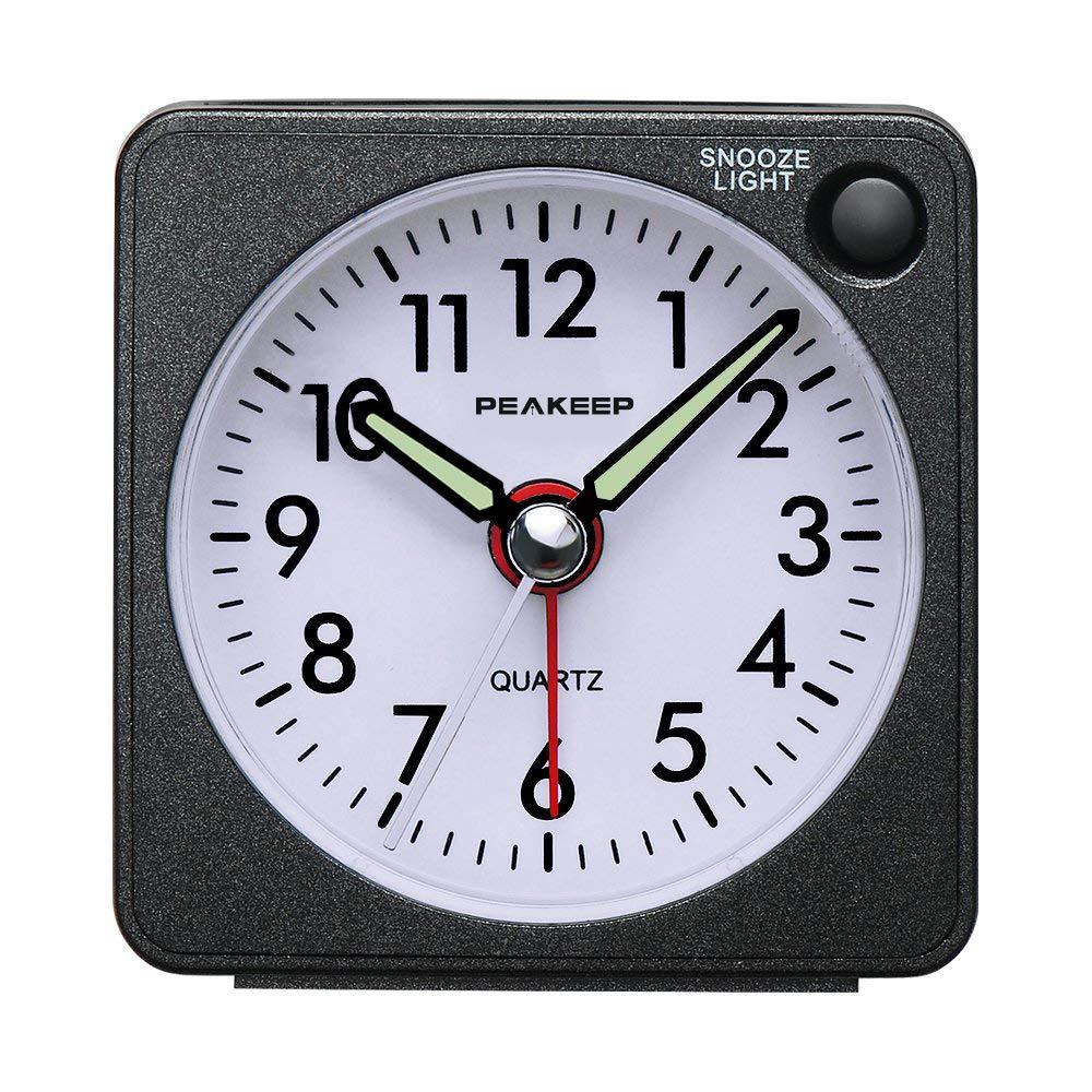 Peakeep Peakeep Ultra Small, Battery Travel Alarm Clock with Snooze and Light, Silent with No Ticking Analog Quartz (Black)