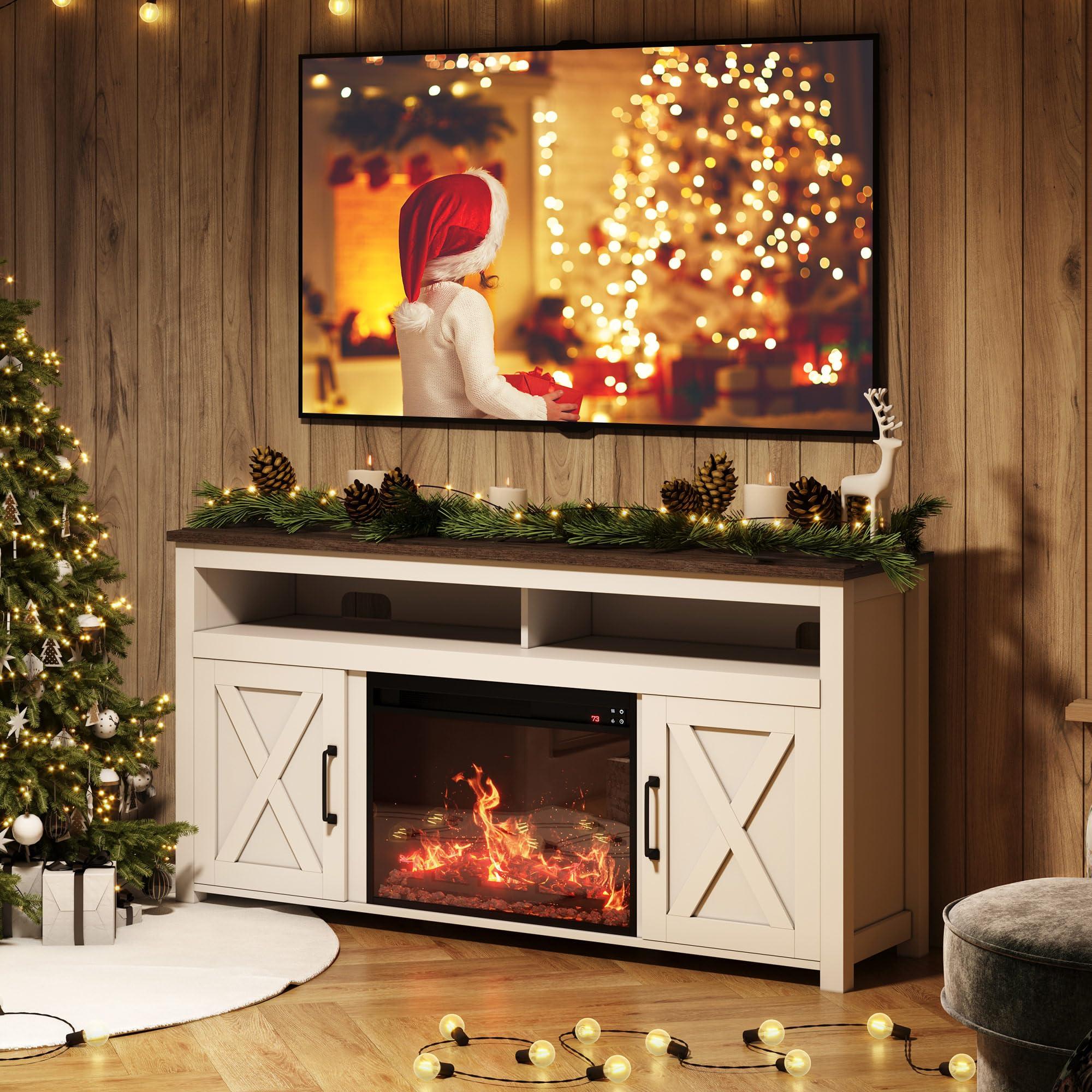 BELLEZE BELLEZE 58" Farmhouse Fireplace TV Stand for TVs up to 65", 23" Electric Fireplace Heater with Sound, Entertainment Center Media Console Table Barn Door Storage Cabinets for Living Room - White