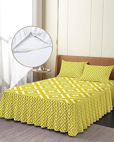 PRINT PICTURE ARTHOME Bed Skirt Full Size 18 Inch Drop, Yellow Wrap Around Bed Skirts Set - 1 Bed Sheet & 2 Pillowcase(30\"x20\"), Geometric Square Texture Dust Ruffle Bedding Sets