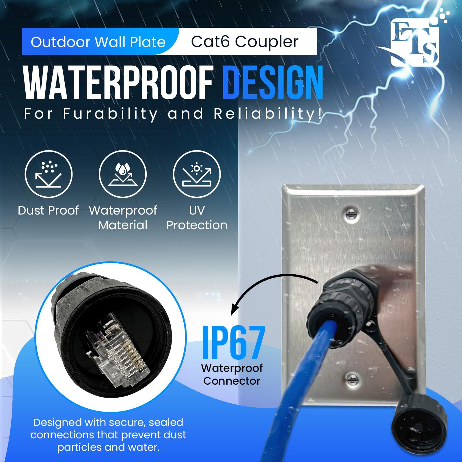ETS Ethernet Wall Plate with RJ45 Wall Plate Connector IP67 Waterproof Ethernet Wall Outlet for Outdoor Use Stainless Steel Cat5e, Cat6 and Cat 6a Female to Female Bulkhead Jack