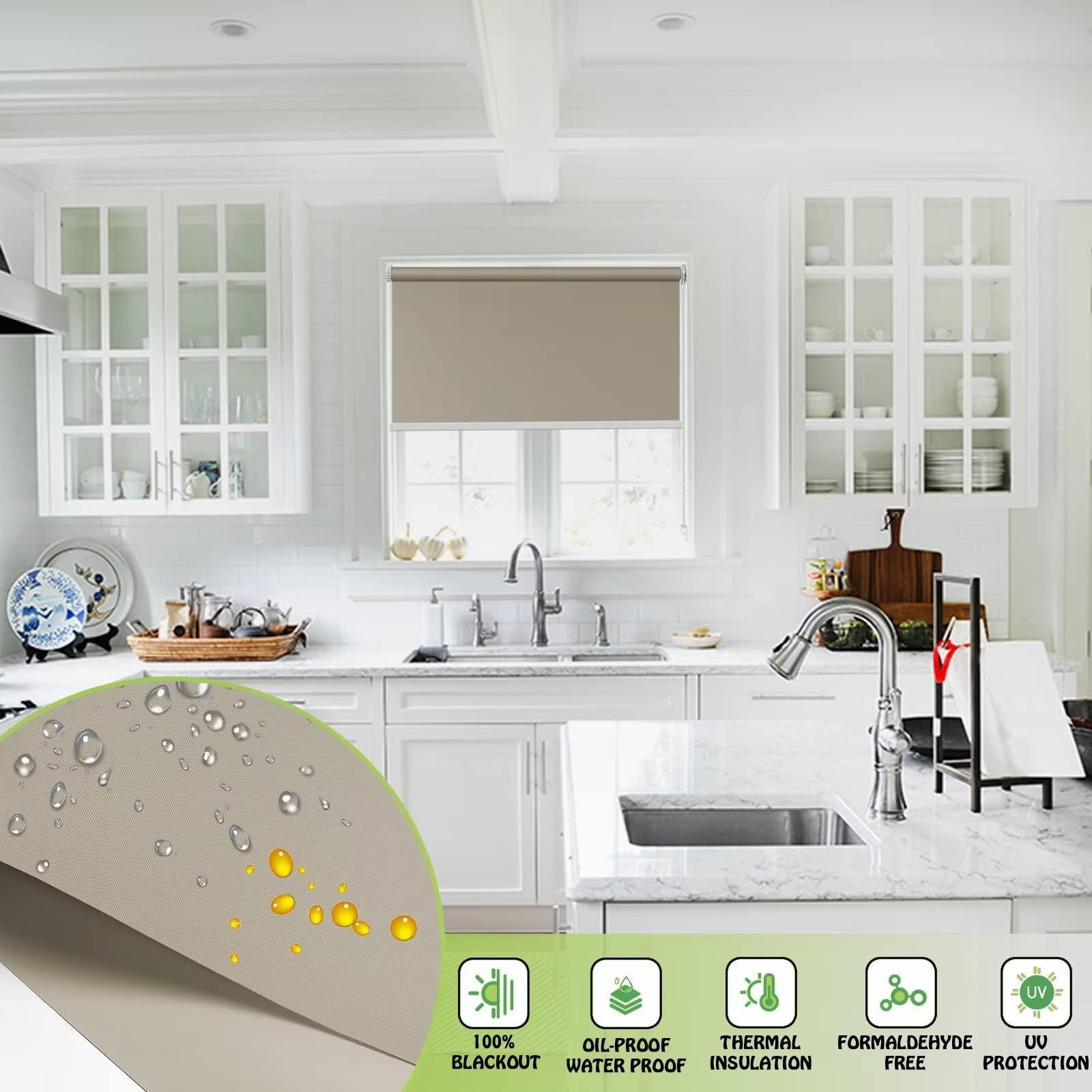 fhsblinds FHSBLINDS No Tool No Drill Custom Roller Shades for Windows Blinds for Windows-Room Darkening Waterproof Blackout Window Blinds & Shades for Home Kitchen Bedroom (Khaki 100% Blackout, 67" W x 96" H)