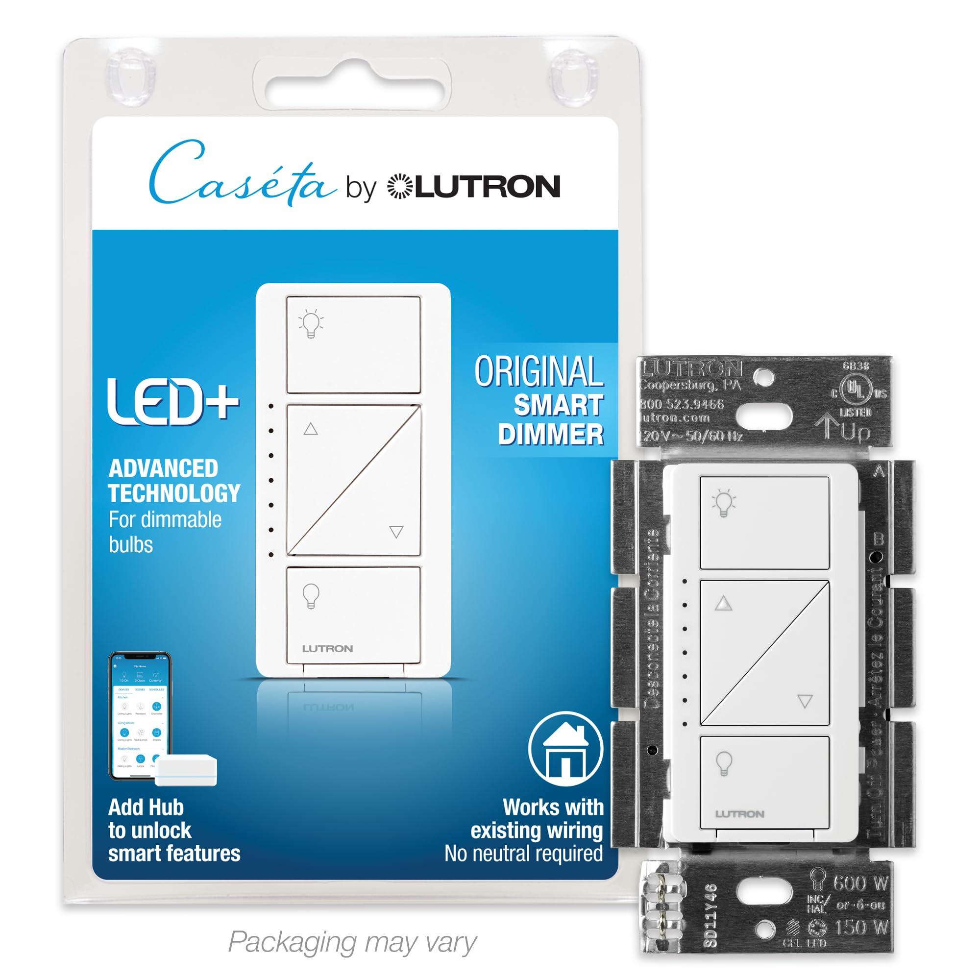 Lutron Lutron Caseta Smart Lighting Original Dimmer Switch, for Light Bulbs, Works w/ Alexa, Apple Homekit, Google Home (Hub Required), 150W Single-Pole/3-Way, No Neutral Required, PD-6WCL-WH, White