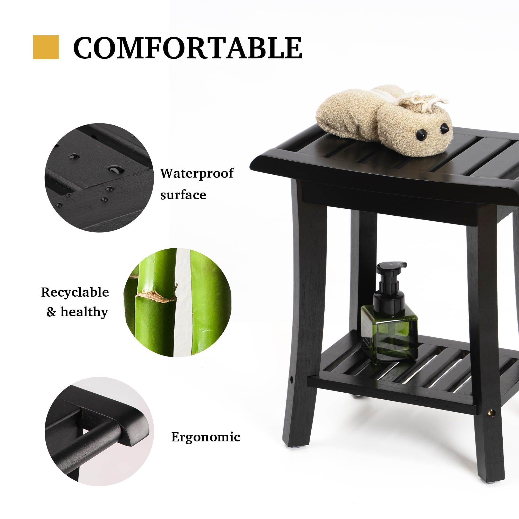 Unibambou Bamboo Shower Bench Inside Shower Stool with Storage Shelf, Spa Bath Chair for Bathroom, Seat or Organizer for Living Room, Bedroom and Garden - Great for All Ages Unisex Elderly (Small, Black)