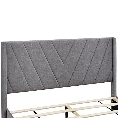 HOHOBD Linen Upholstered Platform Bed with 3 Drawers, Wooden Storage Bed Frame with Headboard for Bedroom (Grey, Queen (U.S. Standard))