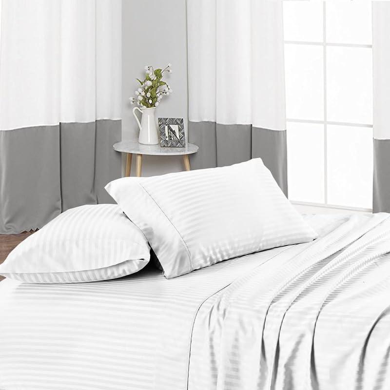 SATEEN BEDDING STORE 100% Cotton Sheets Set Softest 4-PC, Cooling Sheets 400 Thread Count Sateen, Bedding Sheets & Pillowcases with 22 Inch Deep Pocket on Mattress White Stripe - Twin Size