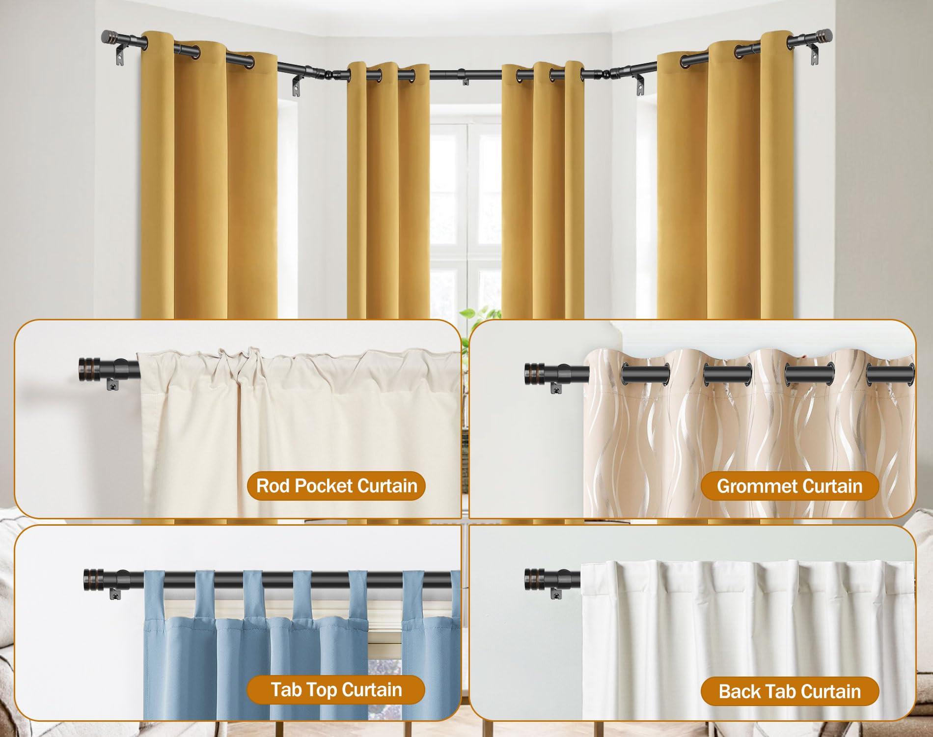 HOTOZON Bay Window Curtain Rods, HOTOZON 7/8 Inch Heavy Duty Curtain Rods for Bay Windows 48-84 Inch(Center Rod), 32-58 Inch Side Rods for Windows, Black, Decorative Drapery Rods with End Cap Finials