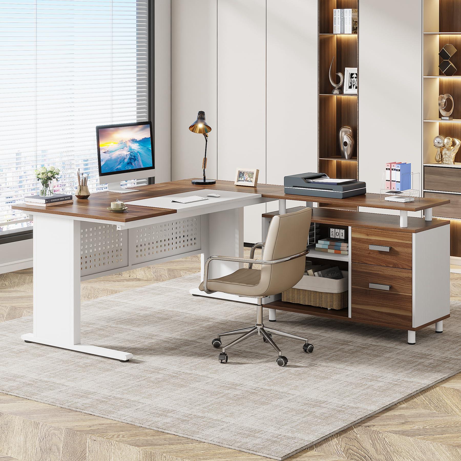 Tribesigns Tribesigns 63 Inch Executive Desk with File Cabinet, Large Office Desk L Shaped Computer Desk with Drawers and Storage Shelves, Business Furniture Desk Workstation for Home Office, White and Walnut