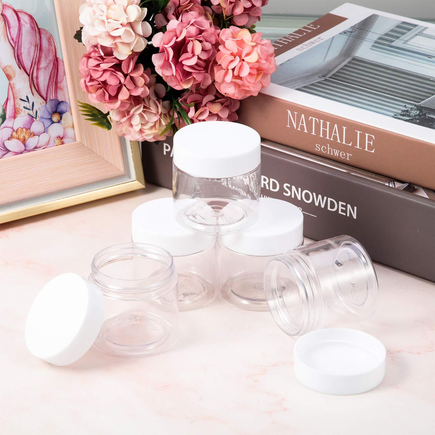 SATINIOR SATINIOR 6 Pcs Clear Container with Lids Small Plastic Pot Jars Wide Mouth Round Leakproof Plastic Container Jars for Travel Storage, Eyeshadow, Nails, Paint, Jewelry (5 Oz, White)