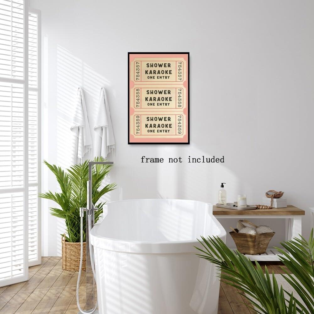 WHQethrial Funny Shower Karaoke Ticket Print Bathroom Canvas Poster for Bathroom Decor, Retro Pink Toilet Wall Art, Cute Bath Decor, Aesthetic Bathroom Art, Guest Bathroom Canvas Wall Art 8x12inch Unframed