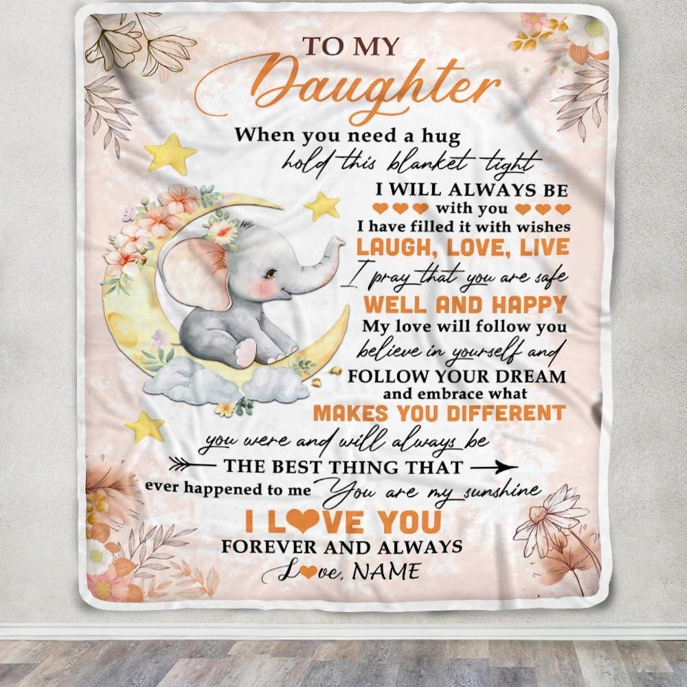 TeesNow TeesNow Personalized to My Daughter Blanket from Mom Dad Father Flower Elephant Moon Daughter Birthday Graduation Christmas Customized Fleece Throw Blanket (60 x 80 in Adult Size)
