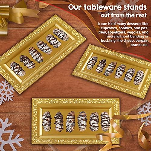 Yumchikel Decorative Plastic Serving Tray & Platter Set (2pk) - Gold Disposable Party Trays & Platters for Food - Weddings, Upscale Parties, Dessert Table, Cupcake Display - 14\"x7.5\" inches-Yumchikel