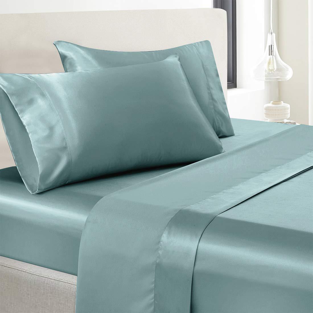 Roch Linen 7 Pc Silk Satin Sheet Set - Pure Silk Sheets - Silk Satin Fitted - Silk Satin Flat - Silk Satin Duvet Cover - Silk Satin Pillowcase - Skin Friendly Silk Satin Sheet Set - (Olympic Queen Aqua Blue)