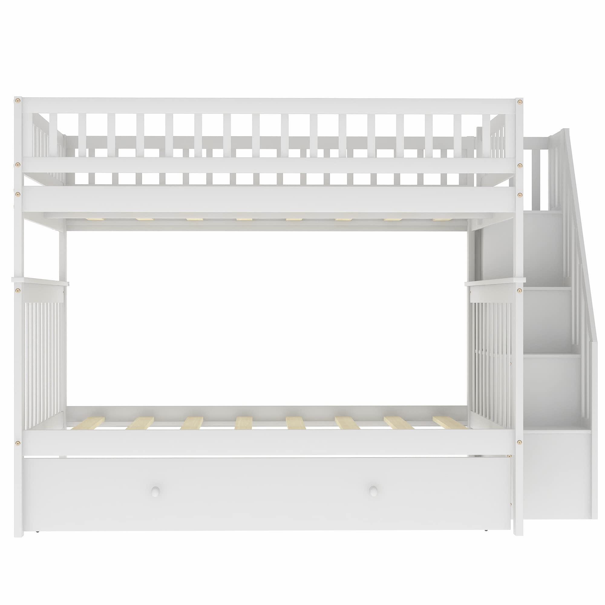 Quarte Quarte Full Over Full Bunk Bed with Trundle/Staircase/4 Storage Shelves, Convertible 3 Individual Beds, Solid Wood Bunk Bed Designed for Kids/Teens/Adults (White+Full/Full*)