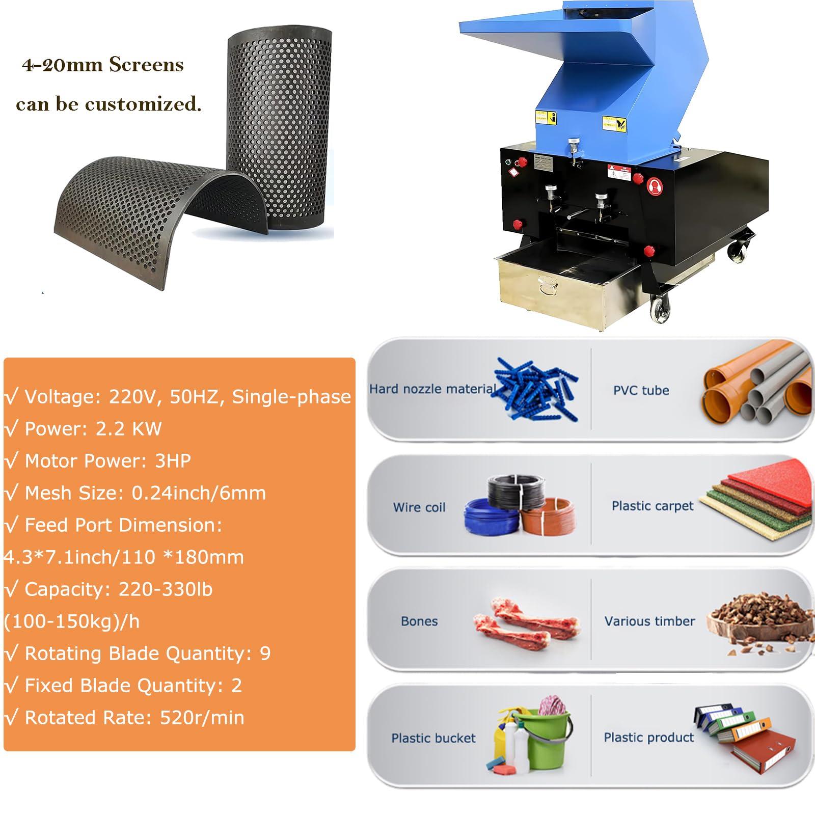 HayWHNKN HayWHNKN Electric Plastic Shredder Plastic Crusher Grinder Bottle Cans Crusher Chipper Granulator for Recycling Waste Plastic Scrap Crushing Machine Plastic Crusher for PC/PVC/Rubbler 220V 2.2KW