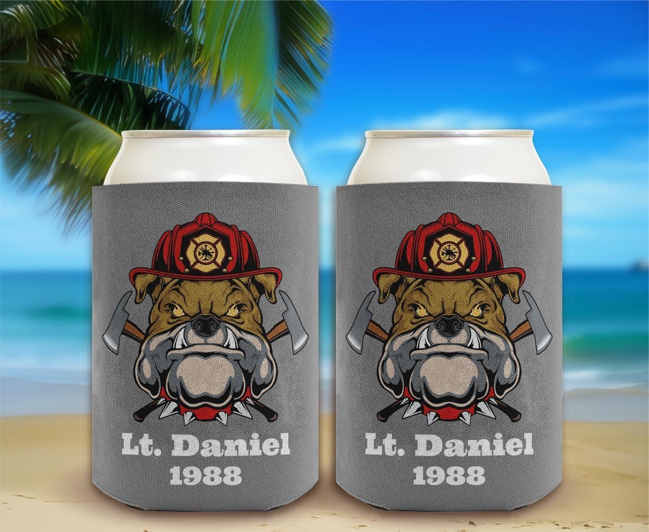 Personalized Gifts Fire Fighter Gifts For Son Personalized Firefighter Bulldog Mascot 12-Pack Personalized Can Coolie Drink Coolers Coolies Bulldog