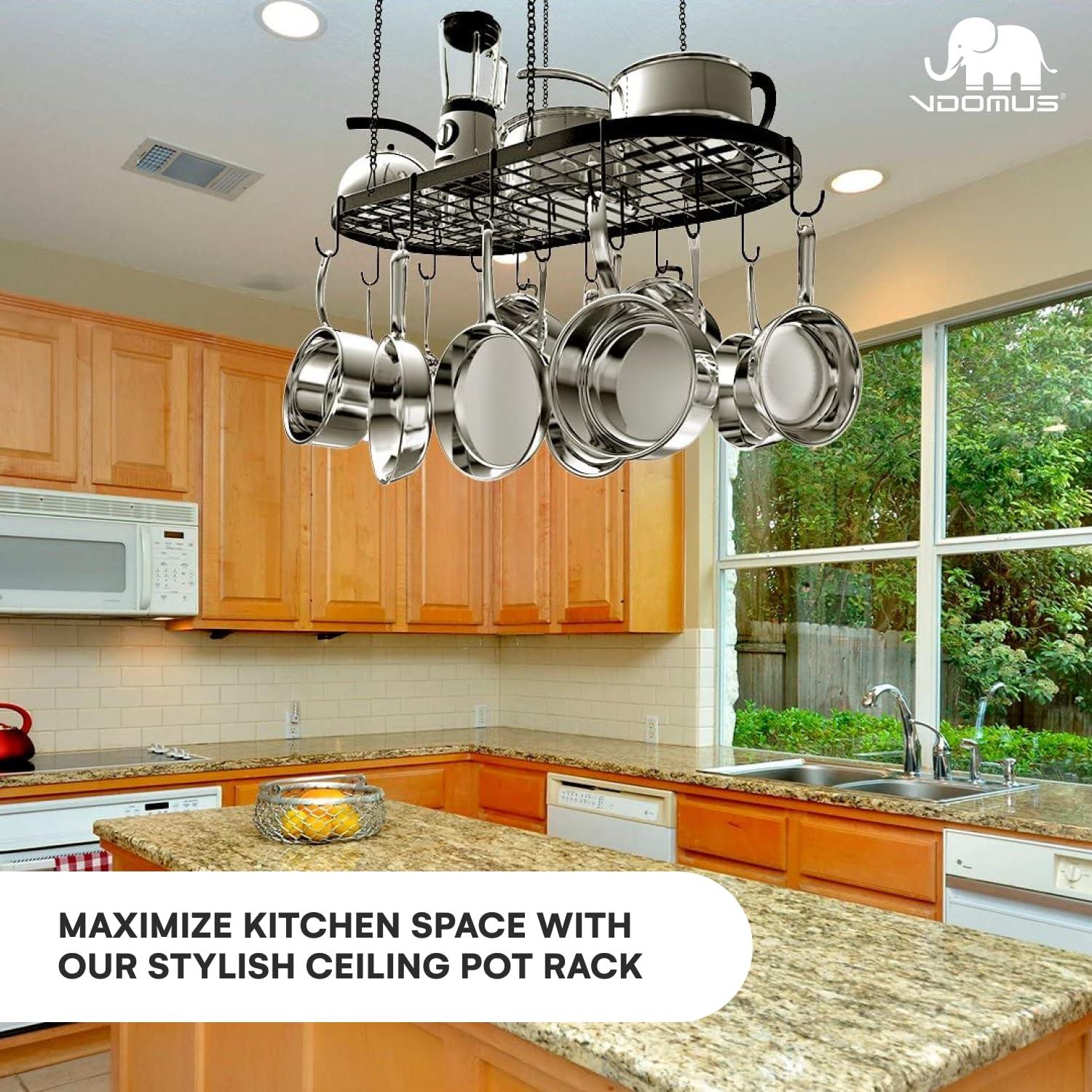 Vdomus Vdomus Heavy-Duty Hanging Pot Rack - 33x17 Inches - Stylish Black Alloy Steel Ceiling Storage with 15 Hooks - Organize Kitchen Cookware and Utensils - Space-Saving Mounted Overhead Holder