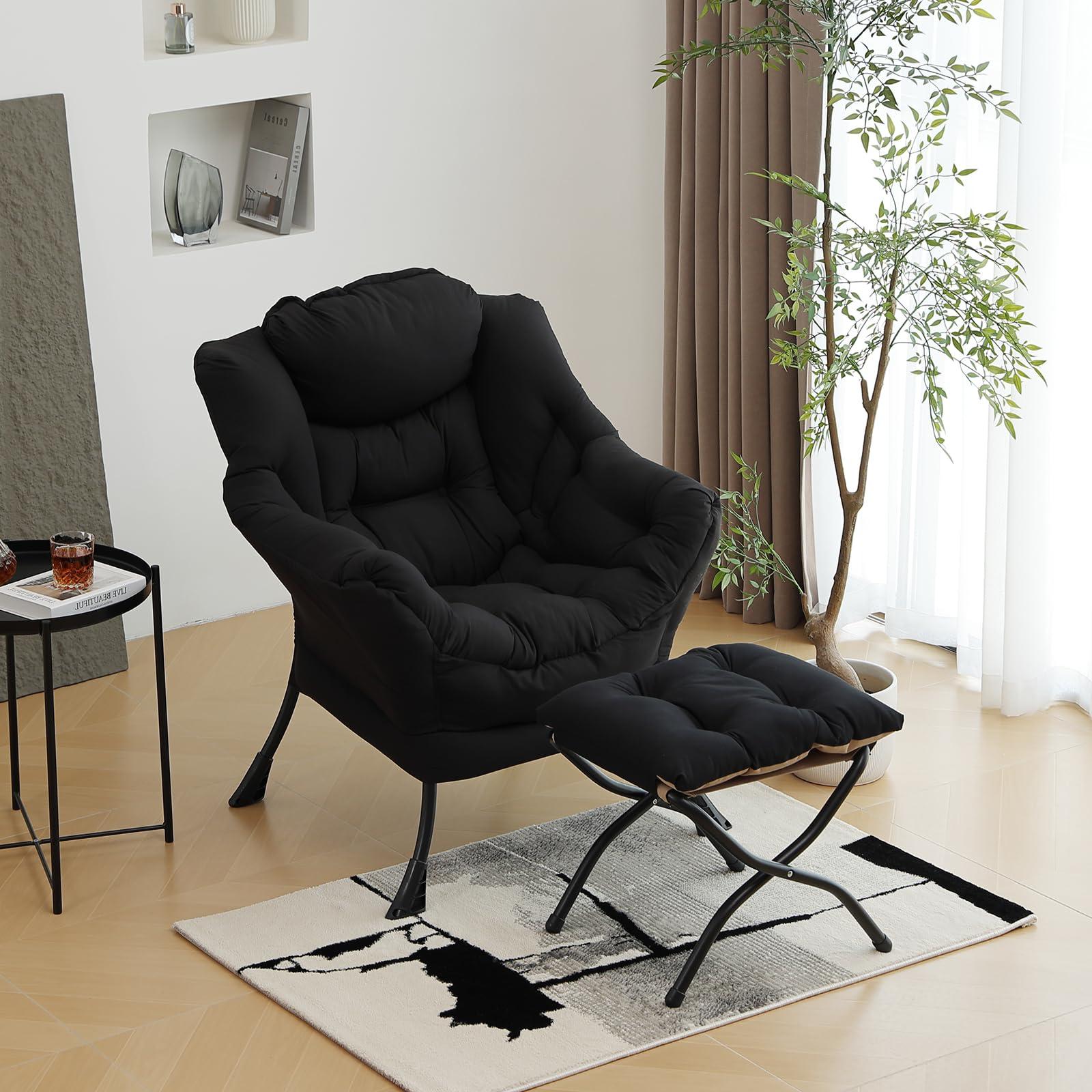 Furlide Furlide Lazy Chair with Ottoman, Modern Chair with Folding Footrest, Lounge Accent Chair, Comfortable Reading Chair (Black)