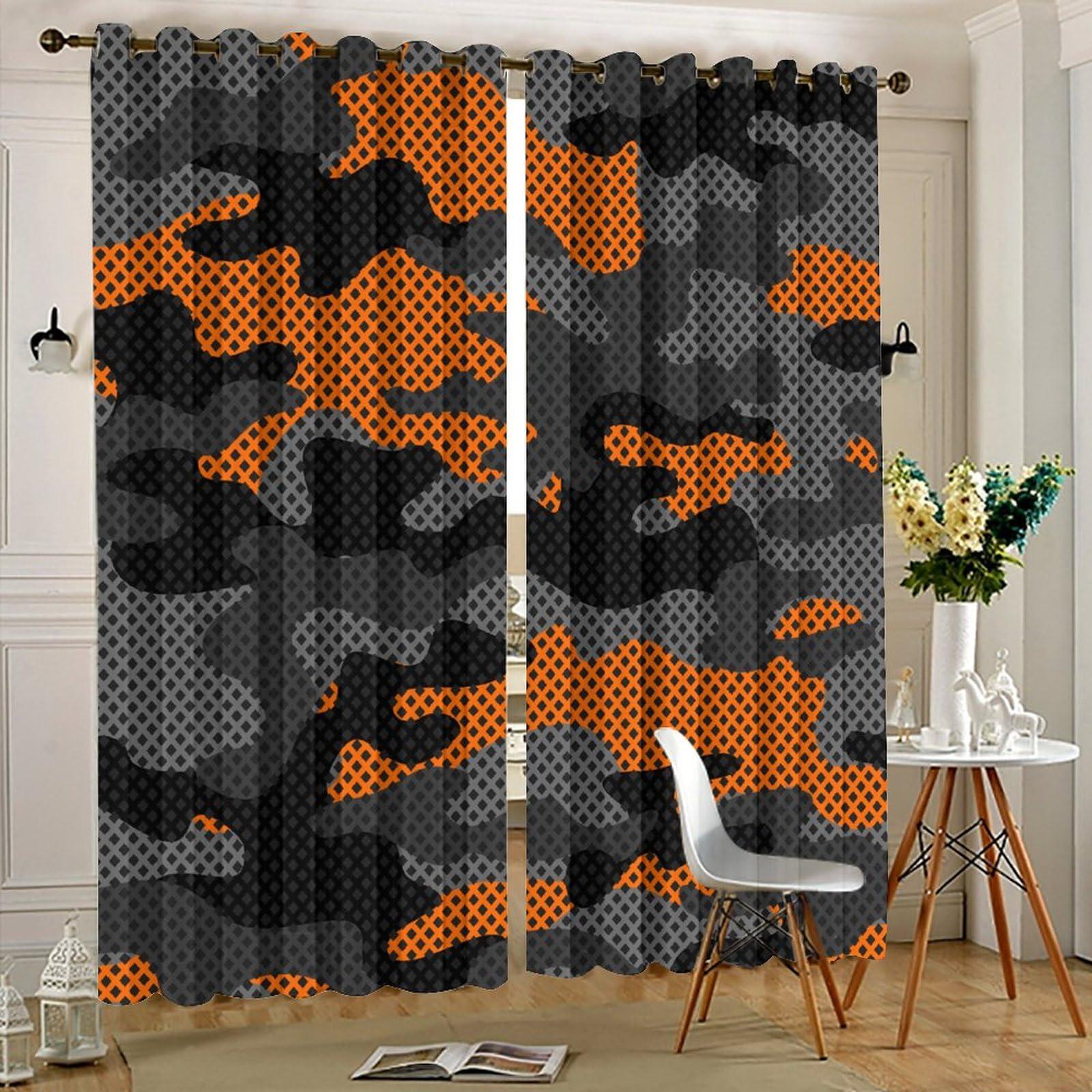 JretailAx Abstract Orange Black Grey Camo Curtains - Modern Hunting Theme Military Room Decor Army Camouflage Window Treatment,Energy Saving Thermal Insulated Grommet Top Blackout Curtains 84L x 42W,2 Panels